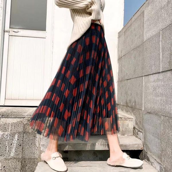 

skirts korean style high waist plaid women mesh skirt harajuku midi party tutu chic long a line tulle pleated femme, Black