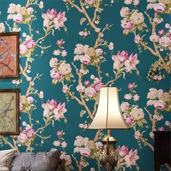 

wellyu papel de parede american rural pastoral retro green large flower wallpaper bedroom bedside background wallpapers