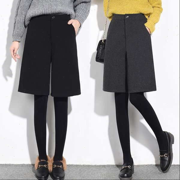 

women shorts knee length autumn winter wool korean pockets high waist wide leg femme casual loose boots, White;black