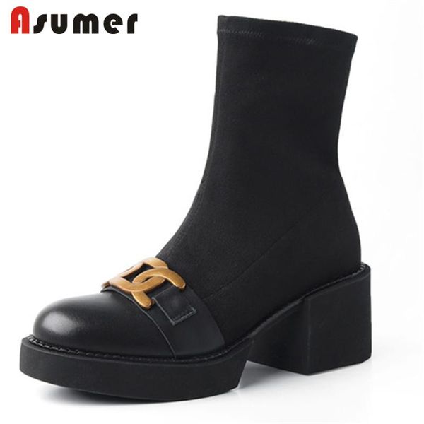 

boots asumer 2021 stretch sock women genuine leather shoes ladies high heels platform metal decoration ankle, Black