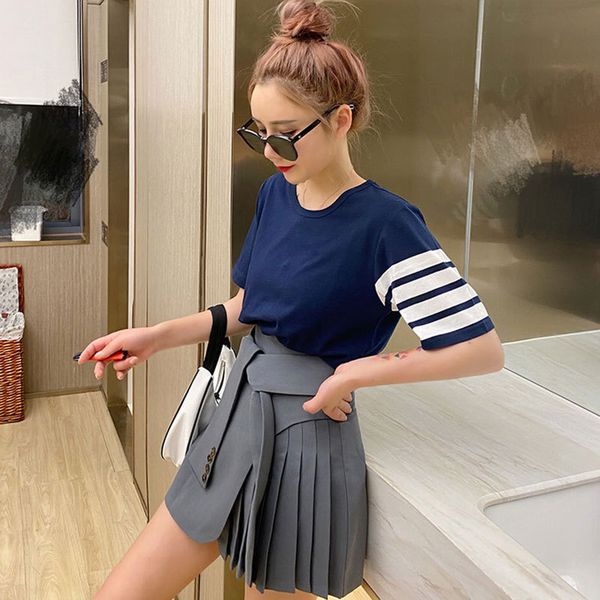 

20 summer new cotton tb yarn dyed stripe short sleeve round neck fashion casual slim fit t-shirt for men and women, White