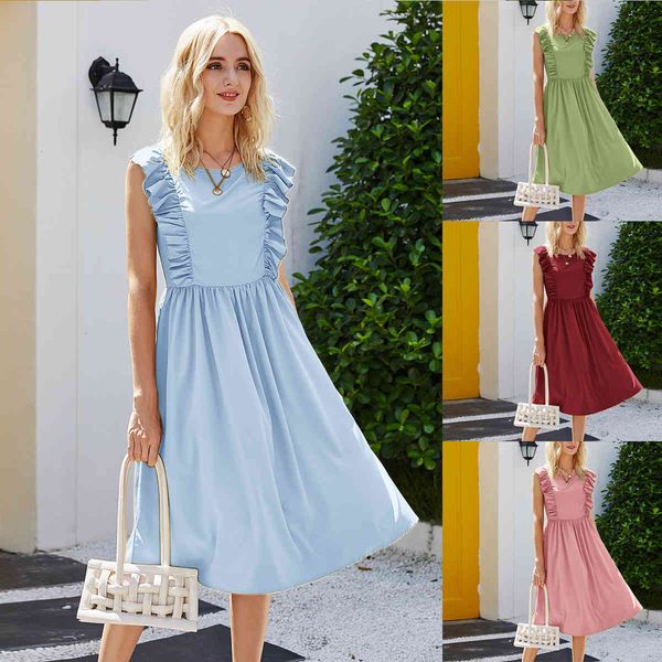 

dress women es summer casual retro round neck solid color ruffled sleeveless beach robe femme ropa mujer talla e 5q4p, Black;gray