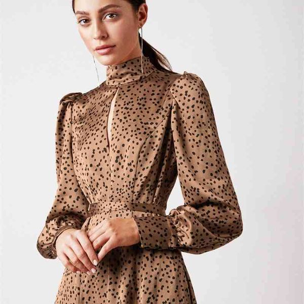 

hollow out women graceful turtleneck a-line with dot print lady satin long lantern sleeve high split mid-calf gown es, White;black