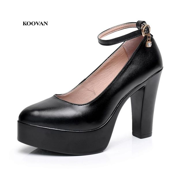 

koovan women pumps 2021 high heel shoes show catwalk shoe thick model work genuine leather large size single dress, Black