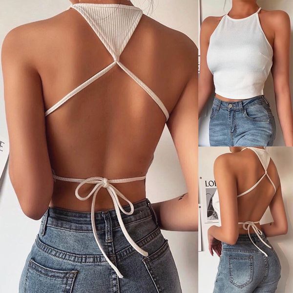 

summer fashion women tanks halter solid bandage sleeveless backless crop g3, White