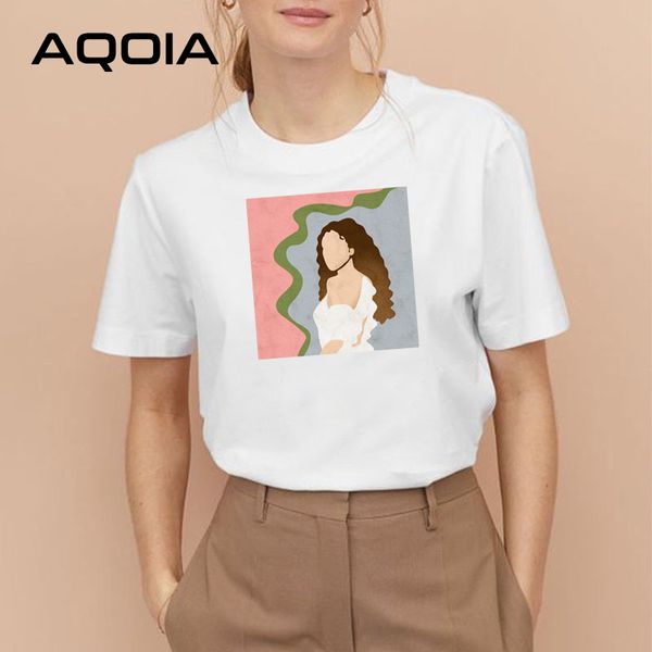 AQOIA Vintage Abstrakte Malerei Frauen T-shirt Kurzarm Koreanischen Stil Rundhals T-shirt Sommer Charakter Mode Mädchen Tops 210521