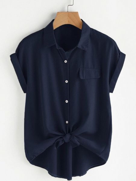 

plus knot hem button up blouse k5un#, Black