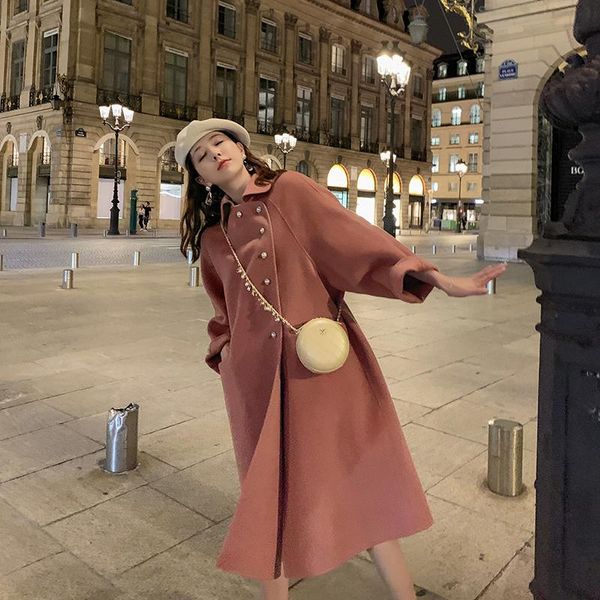 

women's wool & blends shzq grade double-sided woolen coat in long doll collar fashion a-line loose women winter war, Black