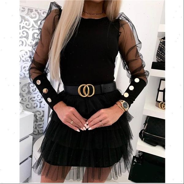 

women t shirt fashion trend mesh puff long sheer sleeve pullover casual party club buttons autumn slim skinny tee, White