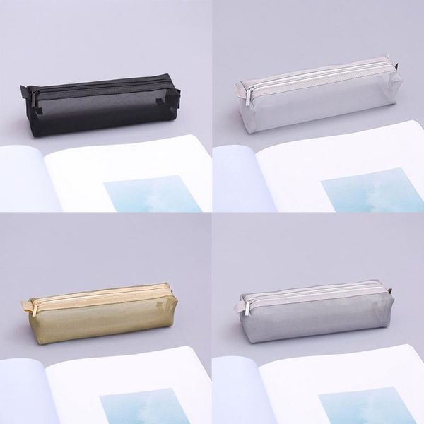 

student simple transparent mesh zipper pencil case creative bags
