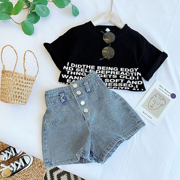 

children's suit 2pcs toddler baby summer kid clothes set 3-12 years short sleeve t shirt+denim shorts outfits kids clothing for girls s, White