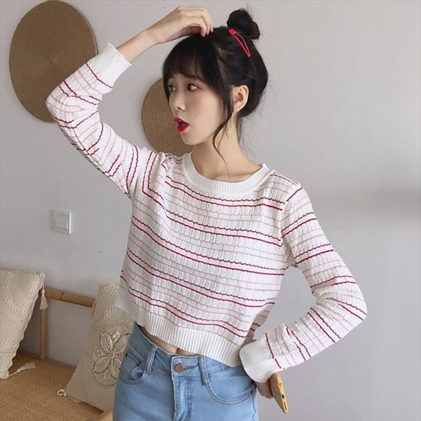 

women fashion striped knitted pullover sweater slim casual long sleeve short, White;black