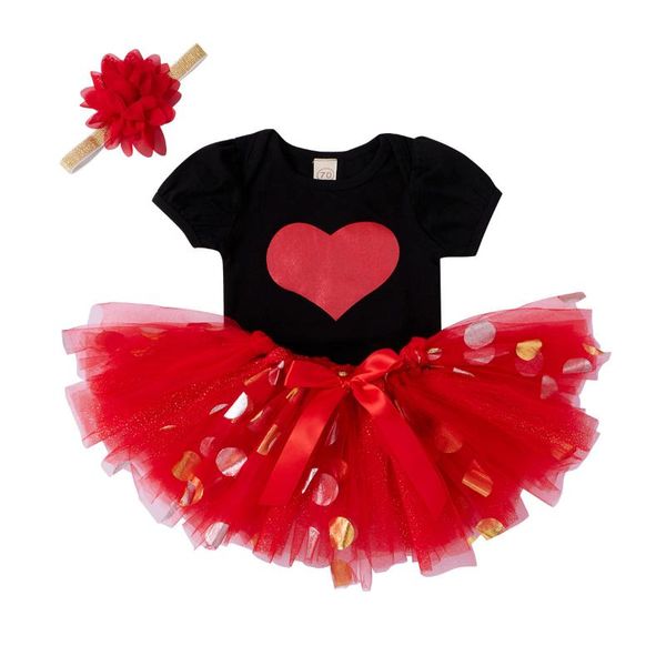 

0-18m infant baby girl clothing heart print short sleeve black romper dot tulle tutu skirt valentine's day 3pcs sets, White