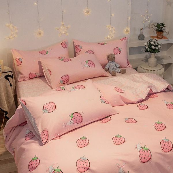 

bedding sets 4pcs pink strawberry kawaii duvet cover set luxury  size bed sheets children quilt soft comforter cotton