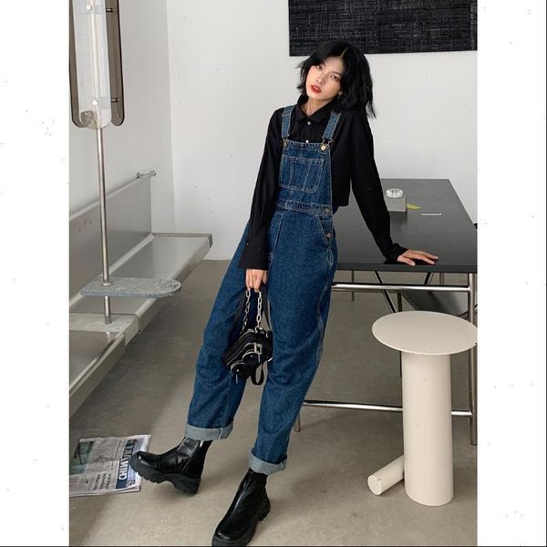 

denim overall korean style loose womens jeans fashion high waist slim straight casual pants autumn women, Blue