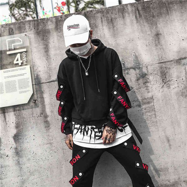

hoodi fashion trend 2021 streetwear hip hop black stylish casual ribbon male oversized sweatshirt skateboard