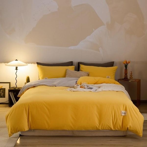 

bedding sets 4pcs brushed microfiber set vibrant yellow gray reversible duvet cover breathable comfortable soft bed sheet pillowcase