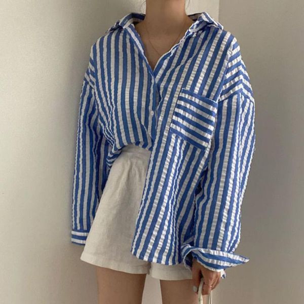 

women's blouses & shirts striped casual for women lapel long sleeve hit color loose females summer clothing 2021 fashion style e866, White