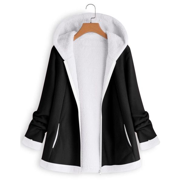 

women's jackets fashion hooded zipper casual oversized stitching plaid faux fur warm ladies parka jacket 2021 winter women plush coat, Black;brown