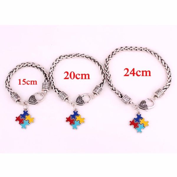 

charm bracelets 15cm20cm24cm(pick your size) wheat link chain hope multi enamel autism awareness puzzle piece lobster claw bracelet, Golden;silver