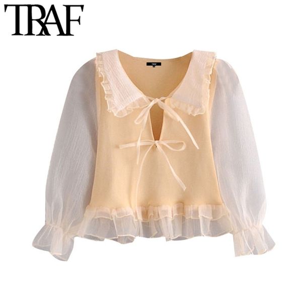 

women sweet fashion patchwork organza cropped knitted blouses vintage with peter pan collar female shirt chic 210507, White