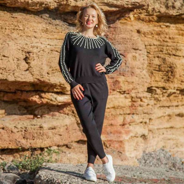 

autumn winter sweaters pants set beading knitted pullover + tousers 2 piece tracksuits women's christmas clothing 210602, White