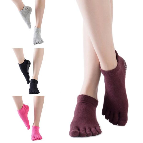 

men and women non-slip yoga socks five-finger breathable cotton sports gym running five-toed floor warm toe, Pink;yellow