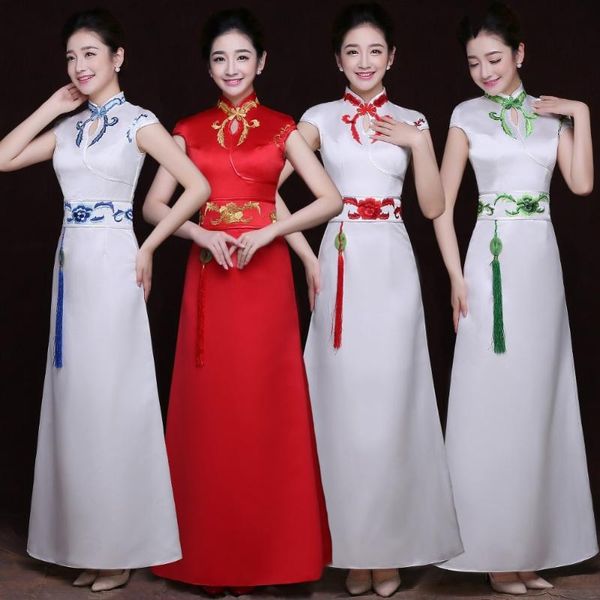 

chinese traditional female rayon long gown dress mandarin collar vintage embroidery red cheongsam vestidos elegant slim qipao ethnic clothin