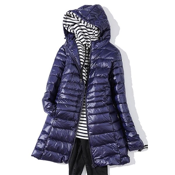 

7xl plus size long down jacket women winter ultra light with hooded coat female big coats 210913, Black