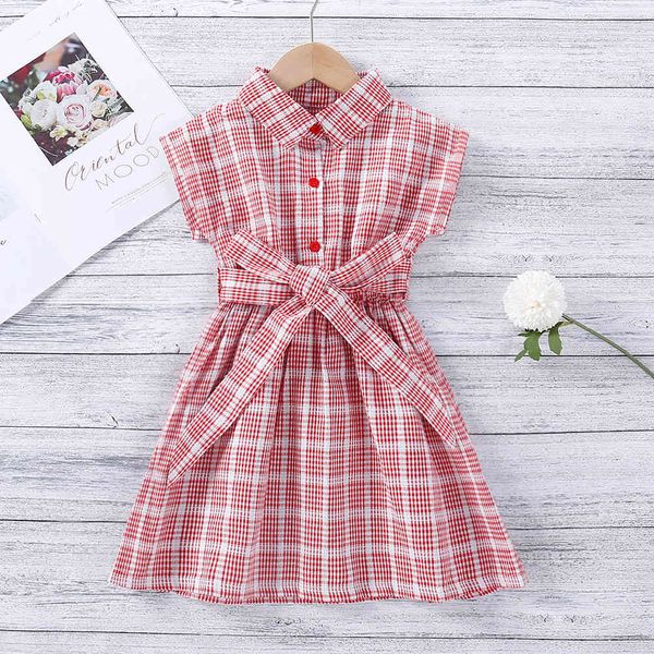 

girls dress summer children's plaid print casual girl fashion princess with belt 210515, Red;yellow