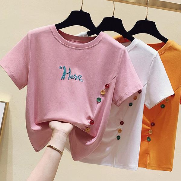 

women's t-shirt summer women fashion embroidery t-shirts casual cotton tees o neck short sleeve loose soft pink white harajuku t shirt