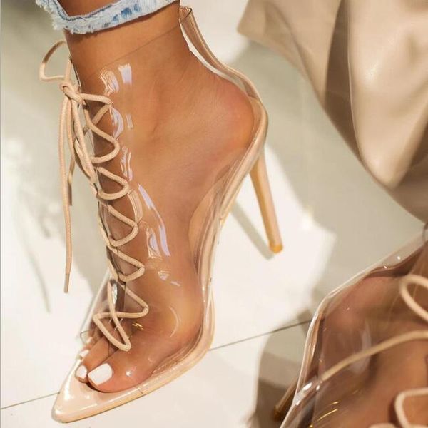 

women summer thin high heels sandals pumps shoes woman peep toe party clear lace up sandalias mujer sapato feminino d1010, Black