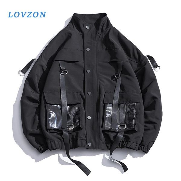 

men's jackets lovzon men jacket coats casual windbreaker ribbons pockets mens overalls bomber for women hip hop streetwear outwear, Black;brown