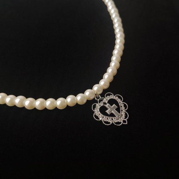

punk gothic harajuku pearl chain hollow heart shaped pendant retro court cross choker necklace fashion jewelry for women girls chokers, Golden;silver