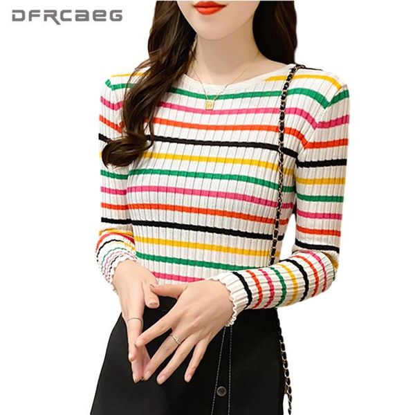 

casual striped patchwork pullovers knitted clothing women 2021 autumn full sleeve slim o-neck knitwear bottoming sweaters women's, White;black