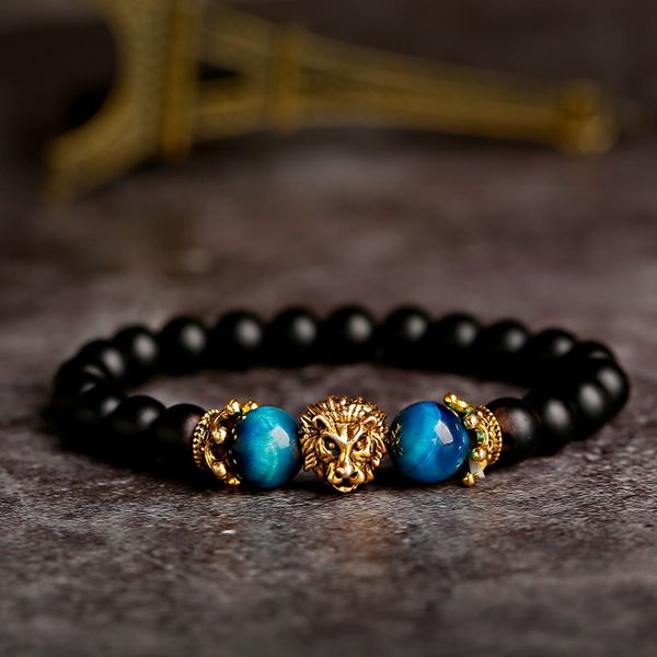 

classic crown lion bracelet men fashion tiger eye onyx stone handmade beaded charm bracelet for women jewelry pulsera hombre, Black