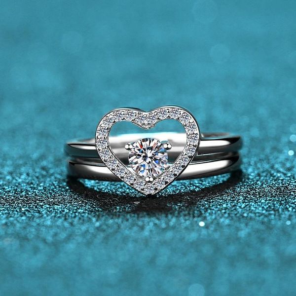 

cluster rings passed diamond test perfect cut moissanite 0.3ct heart couple ring 925 sterling silver luxury fashion engagement, Golden;silver