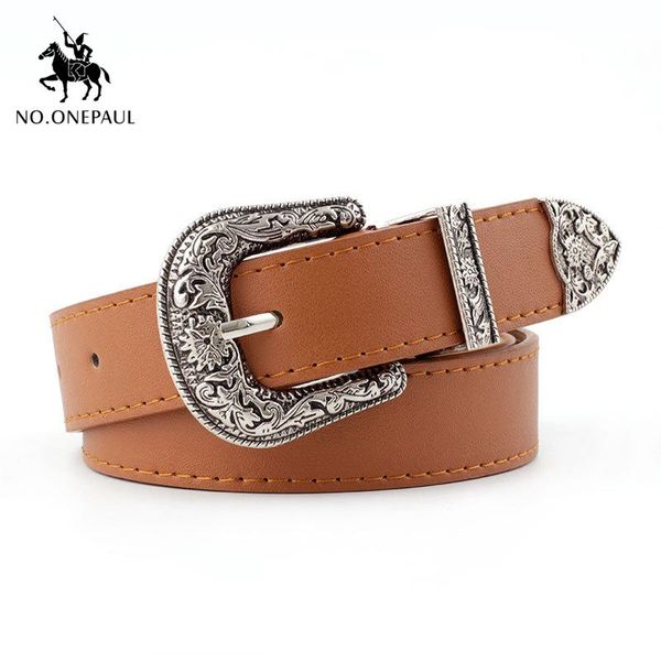 

NO.ONEPAUL Female Women Black Leather Western Cowgirl Waist Belt Metal Belts For Luxury R Brand Heart, Black;brown