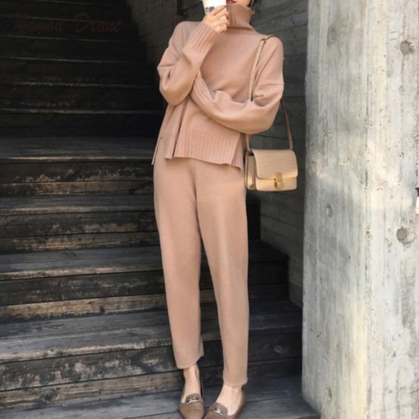 

women's two piece pants casual sweater knitted 2 pieces set turtleneck pullovers & elastic waist women sets 2021 autumn, White