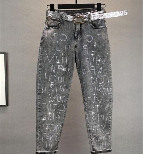 

women's jeans ins fashion female 2021 summer stretch high waist letters rhinestones slim harem pants women retro pencil, Blue