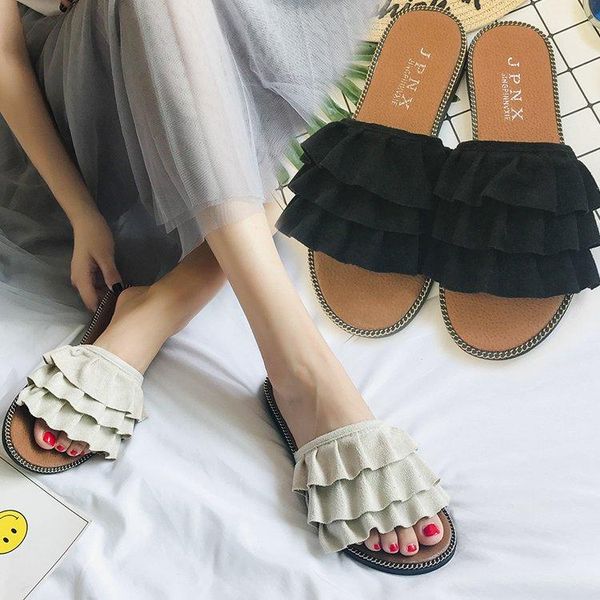 

summer slippers female lace wild casual flat bottom sandals and, Black