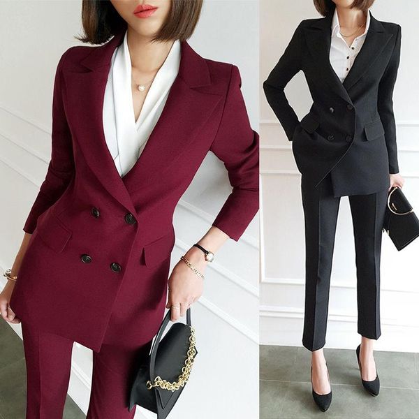 

women's two piece pants 2021 spring autumn women office set female long sleeve double- breasted blazer high waist suit ladies solid 2 p, White
