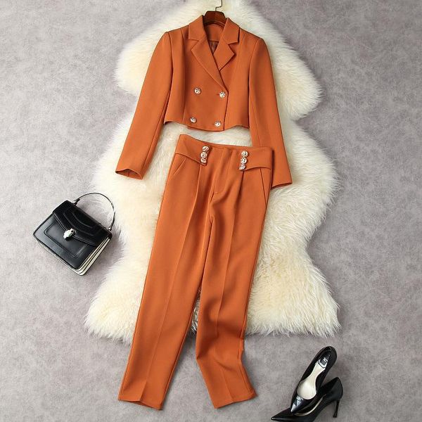 

women's two piece pants european and american clothing winter 2022 long-sleeved double-breasted coat nine minutes of fashion suits, White