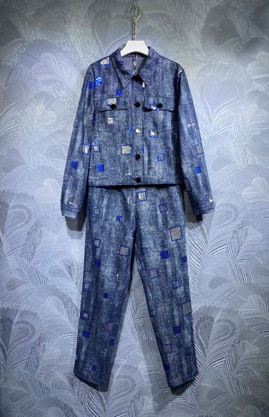 

21 autumn new lapel nail bead coat with trousers set, White