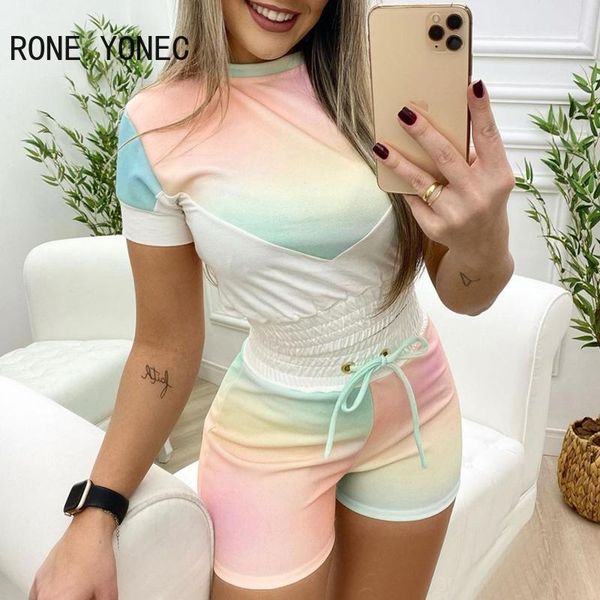 

women's tracksuits women casual sporty patchwork round neck tape gradient color summer short sets, Gray