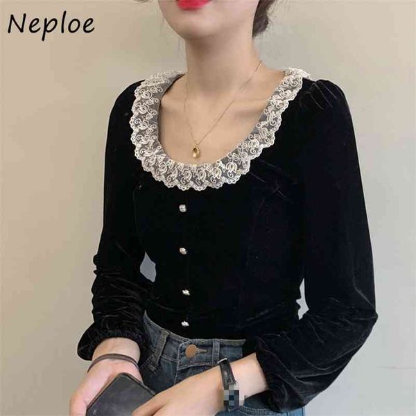 

o-neck lace panelled patchwork women blouse elegant chic exquisite button femme blusas long sleeve velvet shirt 210422, White