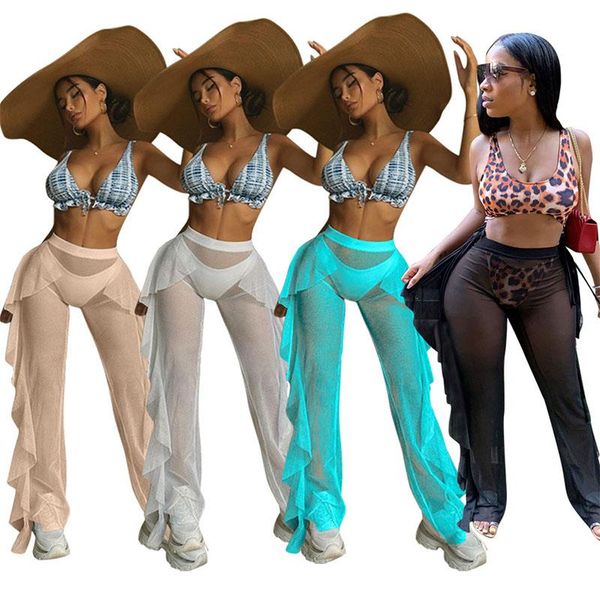 

women's leggings 2021 ruffle mesh see through beach pants loose solid transparent slim pant sea cover up trouser women party clubwear, Black