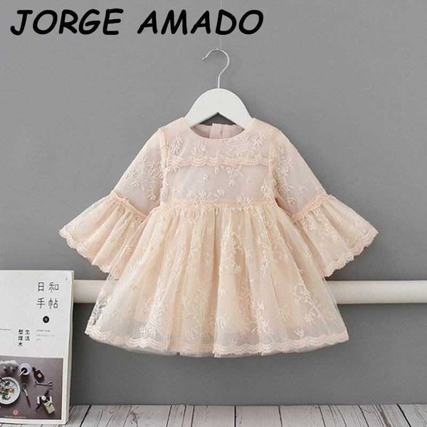 Vestido de outono champanhe laço bebê menina flare manga princesa crianças roupas 1-4t e2186 210610