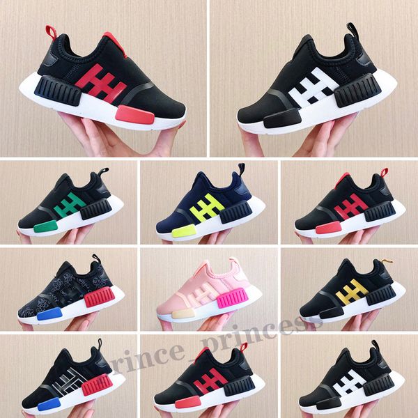 

2022 nmd r1 slip on kids running shoes brand graffiti toddler sneakers core black lush red boys girls children trainers size 22-35