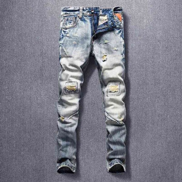

men's jeans fashion streetwear retro slim fit ripped vintage designer destroyed hip hop denim pants hombre pd29, Blue
